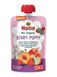   Holle Bio Berry Puppy - Tasak alma, őszibarack erdei gyümölcsökkel 100 g -- készlet erejéig, a termék lejárati ideje: 2024.04.07.