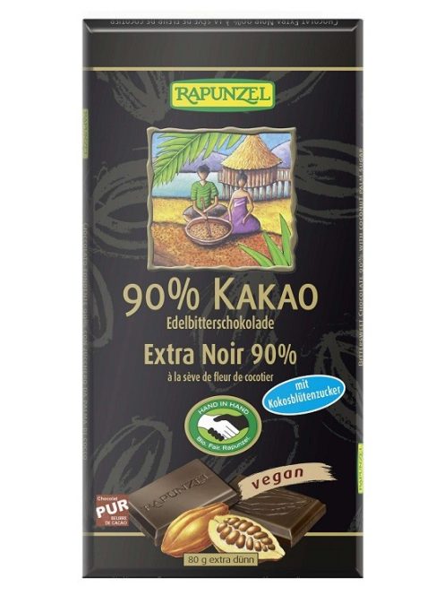 Rapunzel Bio csokoládé, Keserűcsokoládé 90%-os kókuszvirágcukorral 80 g