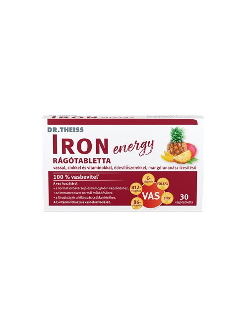 Dr.Theiss iron energy rágótabletta vassal, cinkkel és vitaminokkal mangó-ananász ízben 30 db