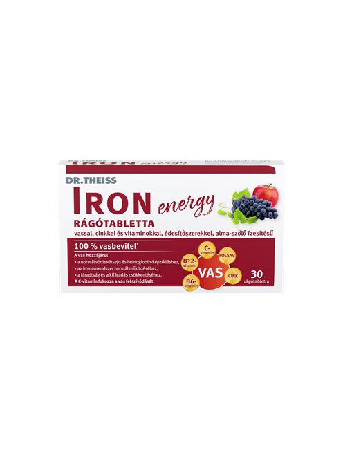 Dr.Theiss iron energy rágótabletta vassal, cinkkel és vitaminokkal alma-szőlő ízben 30 db