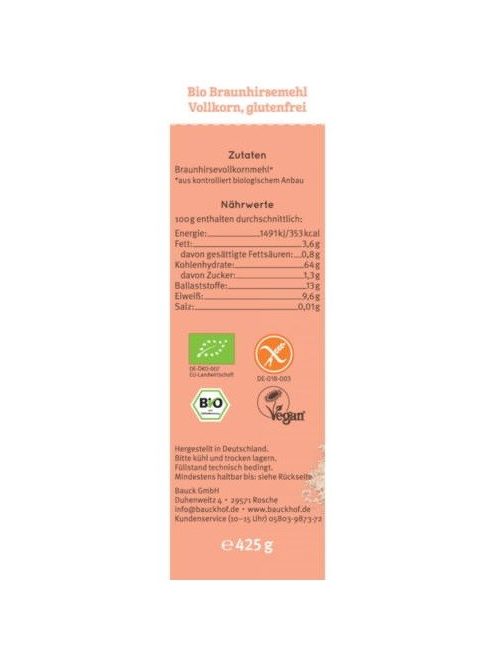 Bauckhof Bio teljes kiőrlésű barna kölesliszt - gluténmentes 425 g